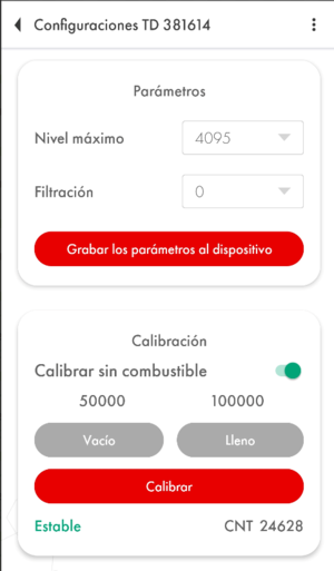 Valores de calibración (Lleno y Vacío) ANTES de aplicar el Calibrar sin combustible