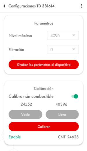 Valores de calibración (Lleno y Vacío) DESPUÉS de aplicar el Calibrar sin combustible